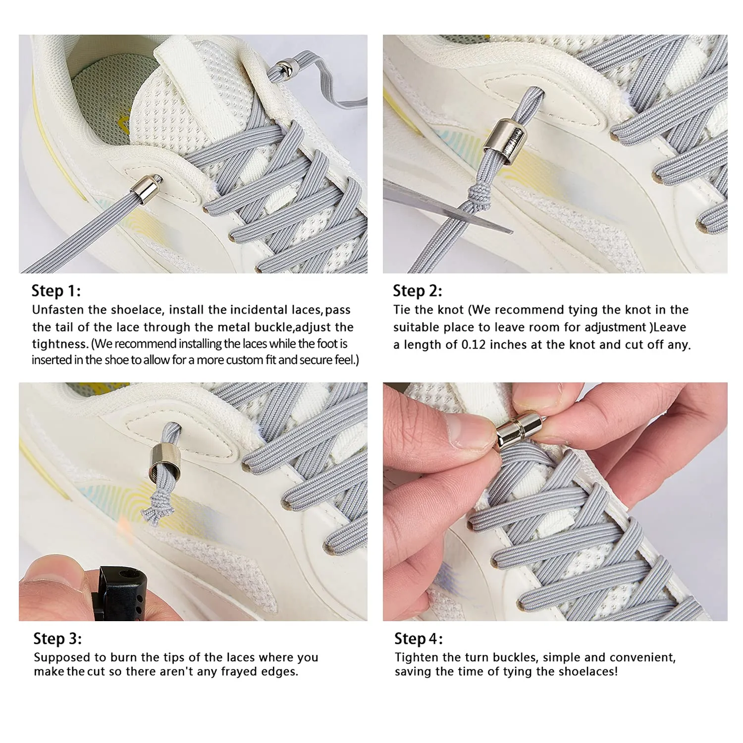 2 Pairs Elastic No Tie Shoelaces for Adults and Kids，Tieless Elastic Shoe Laces for Sneaker 2 Grey(2 Pairs)