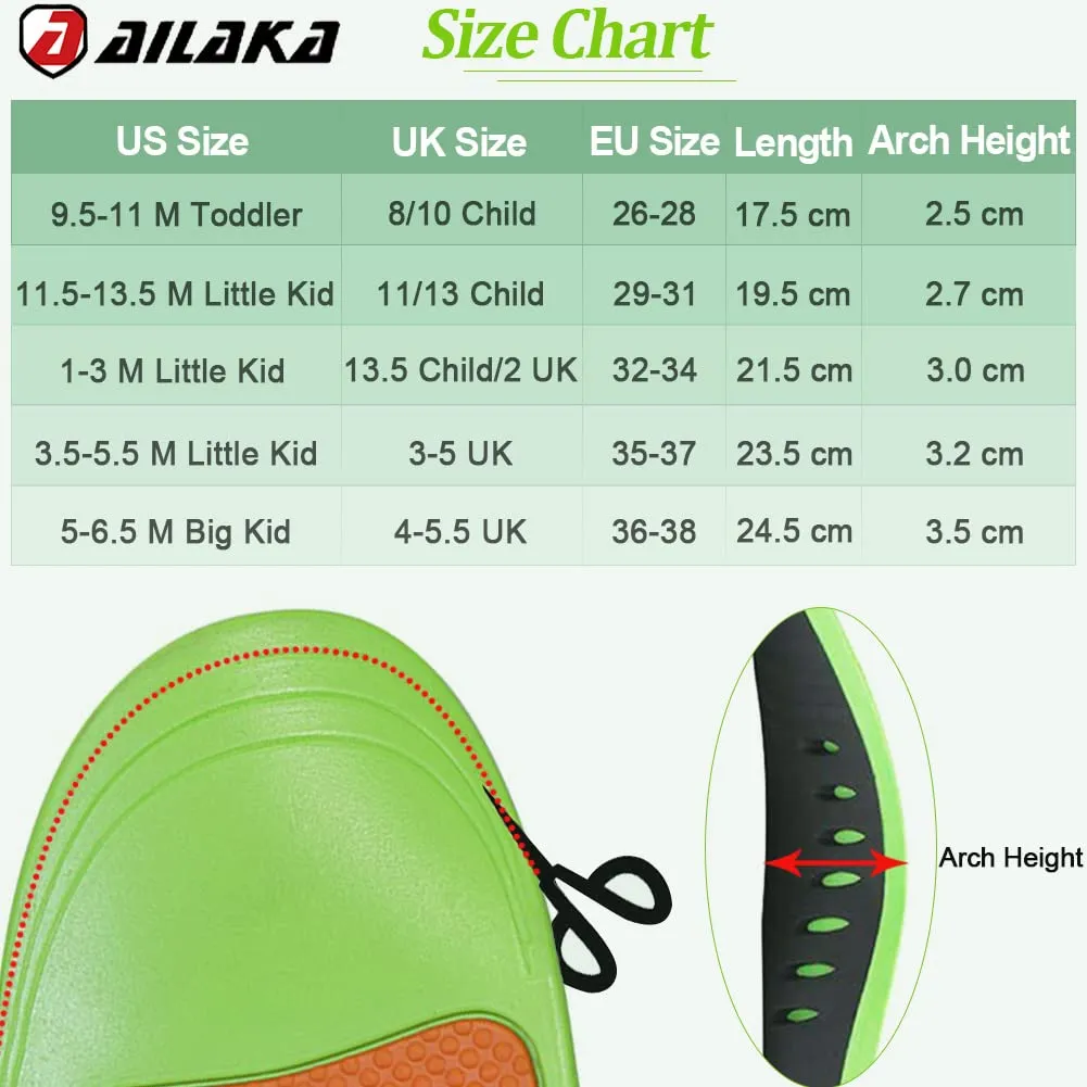 Ailaka Kids Orthotic Arch Support Shoe Insoles, Plantar Fasciitis Cushioning Athletic Inserts for Flatfoot Pain Relief Running Walking 13.5 UK Child/2 UK Green