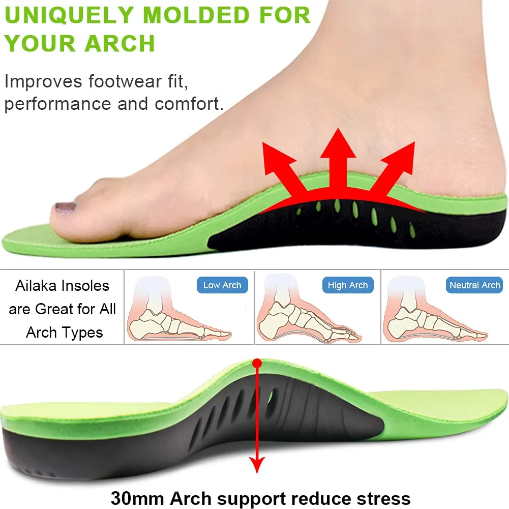 Ailaka Kids Orthotic Arch Support Shoe Insoles, Plantar Fasciitis Cushioning Athletic Inserts for Flatfoot Pain Relief Running Walking 13.5 UK Child/2 UK Green