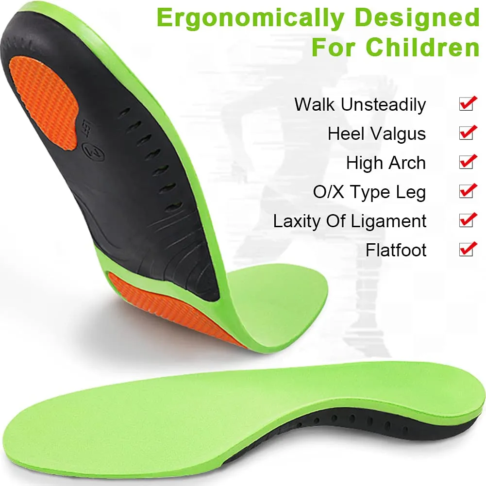 Ailaka Kids Orthotic Arch Support Shoe Insoles, Plantar Fasciitis Cushioning Athletic Inserts for Flatfoot Pain Relief Running Walking 13.5 UK Child/2 UK Green