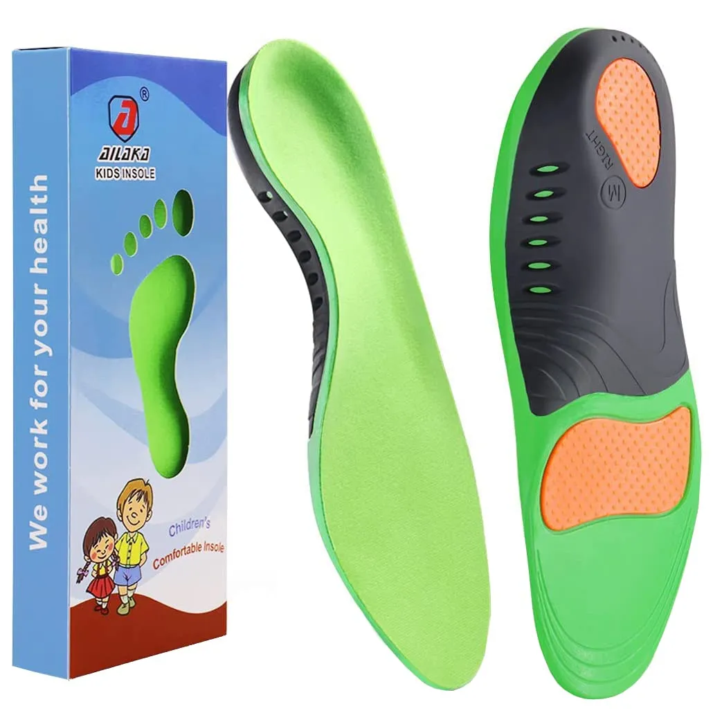 Ailaka Kids Orthotic Arch Support Shoe Insoles, Plantar Fasciitis Cushioning Athletic Inserts for Flatfoot Pain Relief Running Walking 13.5 UK Child/2 UK Green