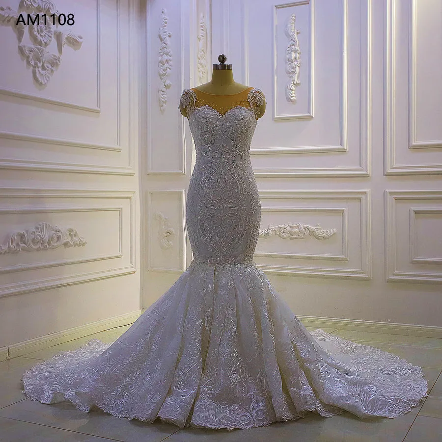 AM1108 Cap Sleeve Lace Mermaid luxury Wedding Dress