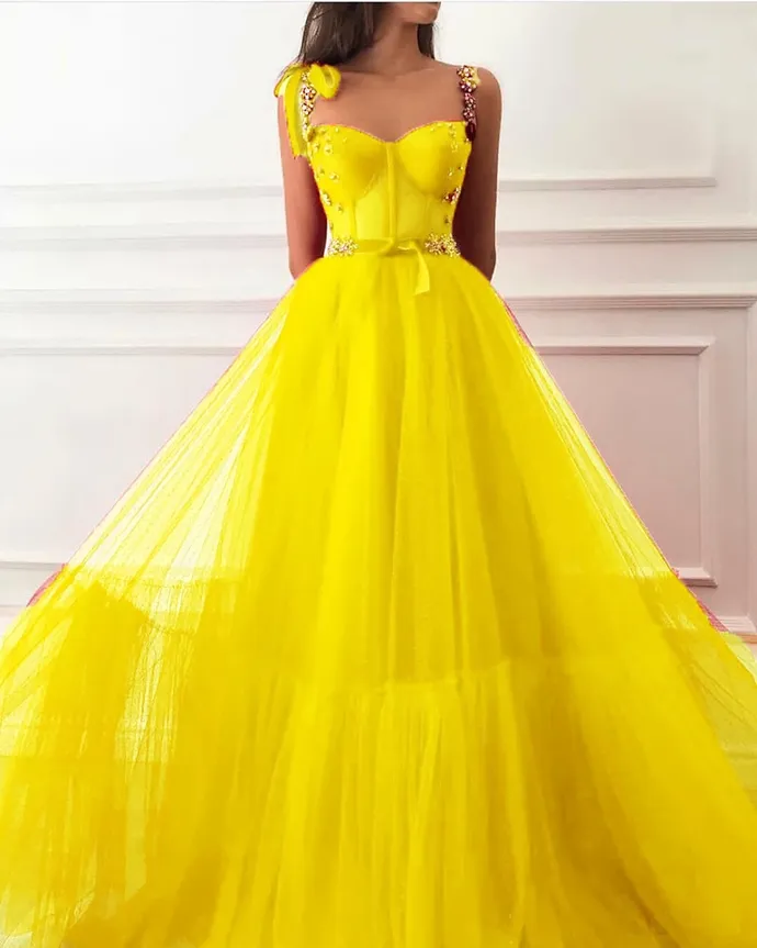 Ball Gown Scoop Floor-length Sleeveless Tulle Yellow Prom Dress/Evening Dress     cg21086