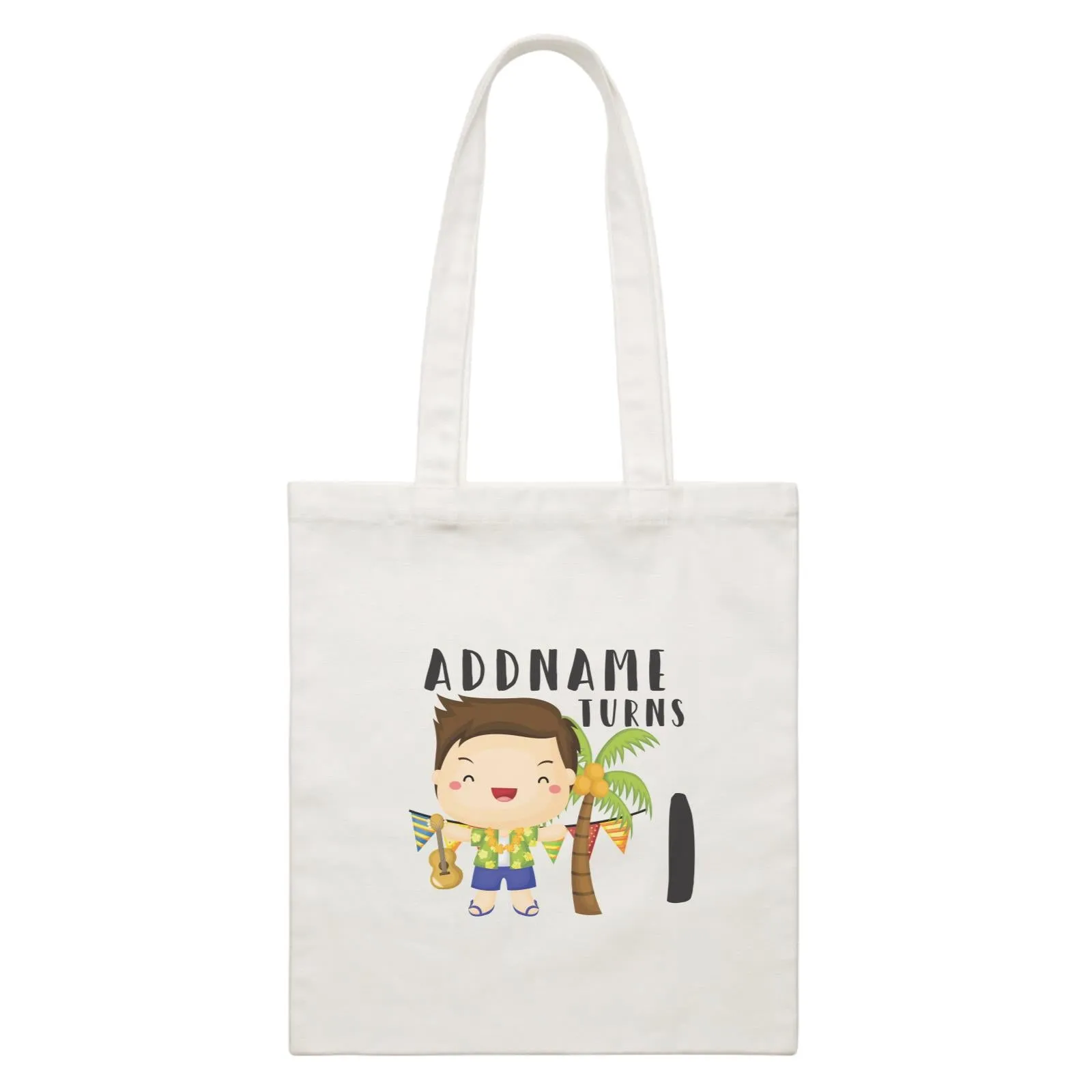 Birthday Hawaii Boy Taking Ukelele Addname Turns 1 White Canvas Bag