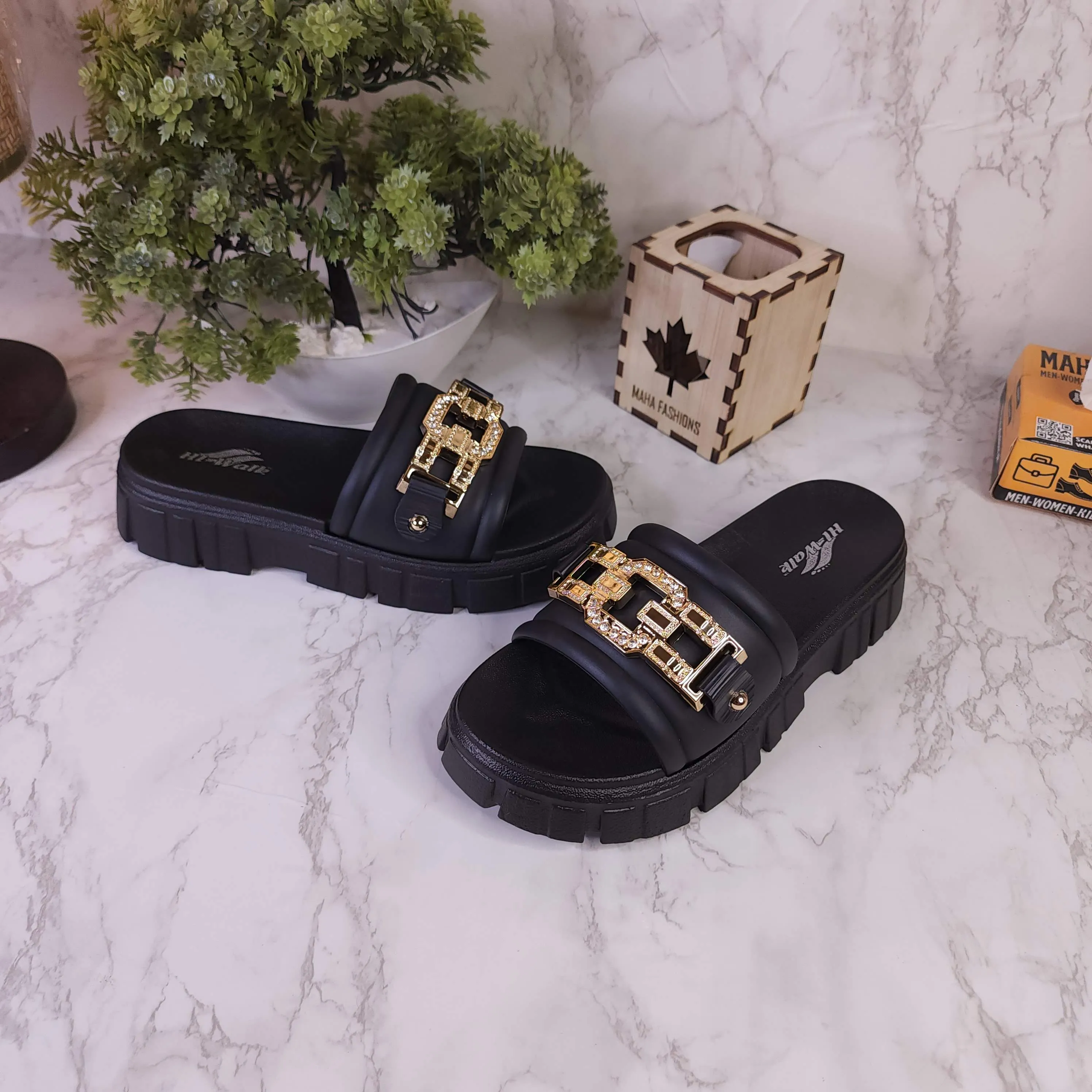 Black Buckle Slides