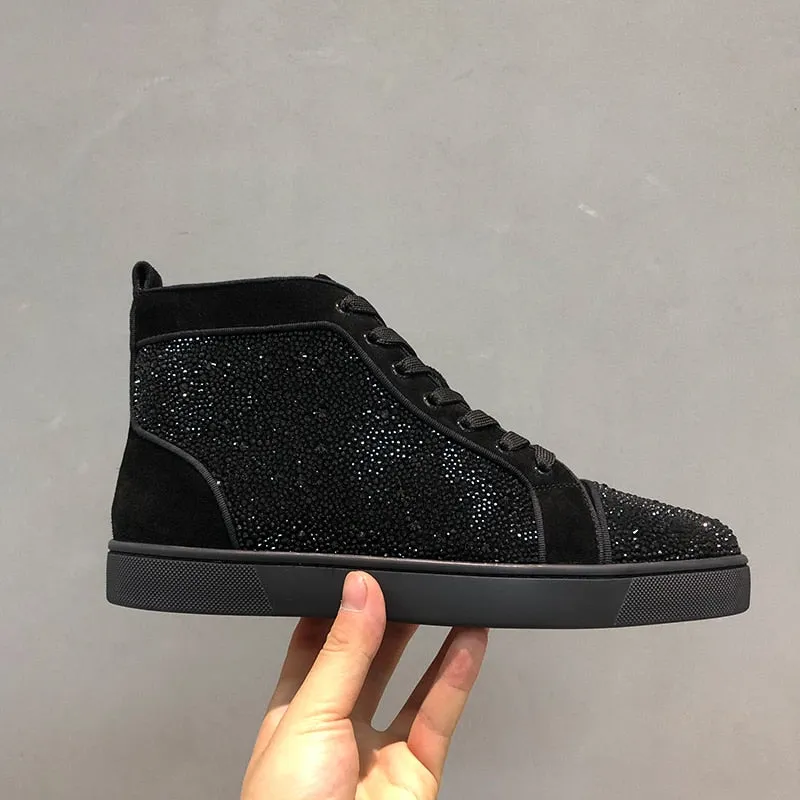 Black Suede Rhinestone High Top Sneakers