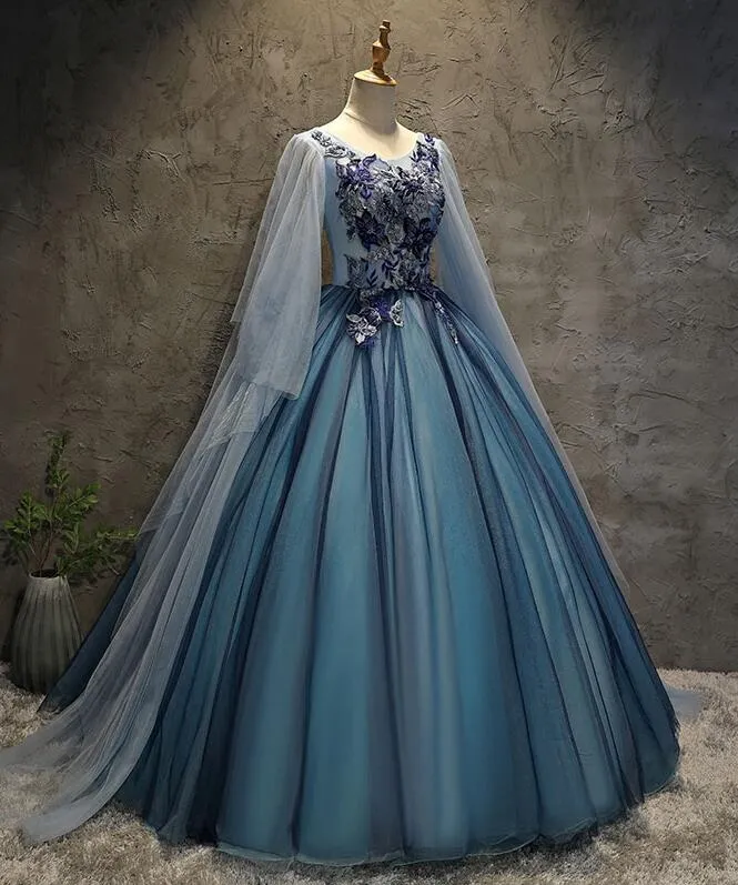 Blue Tulle Ball Gown Long Sweet 16 Dress With Lace Applique, Prom Dress gh251