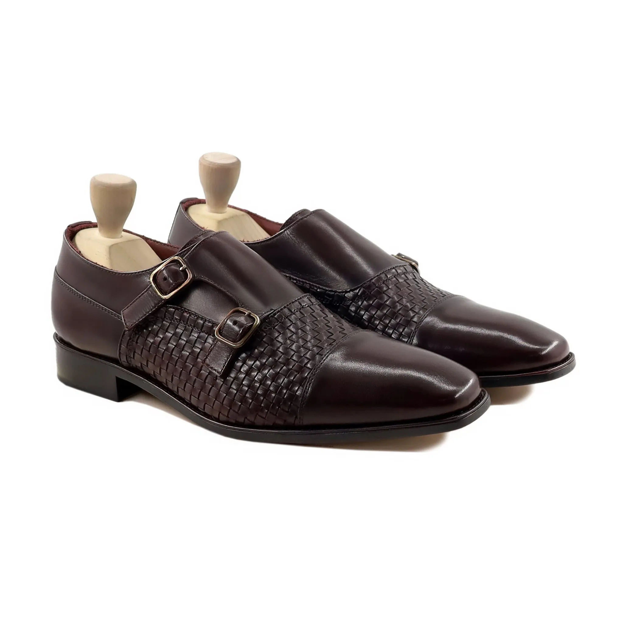 Brisa - Men's Dark Brown Hand Woven Calf Leather Double Monkstrap