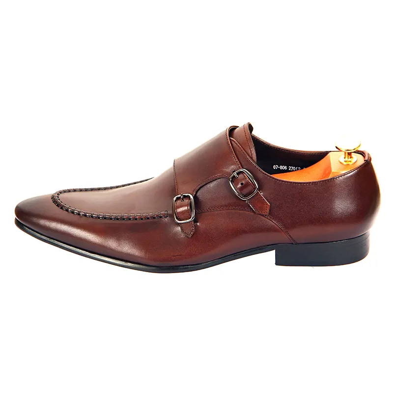 Brown Monk Buckle Slip-On Pointed Leather Shoes