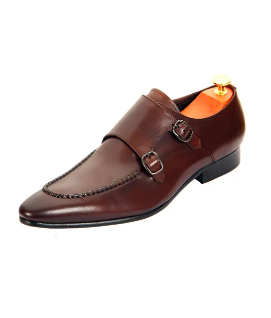 Brown Monk Buckle Slip-On Pointed Leather Shoes