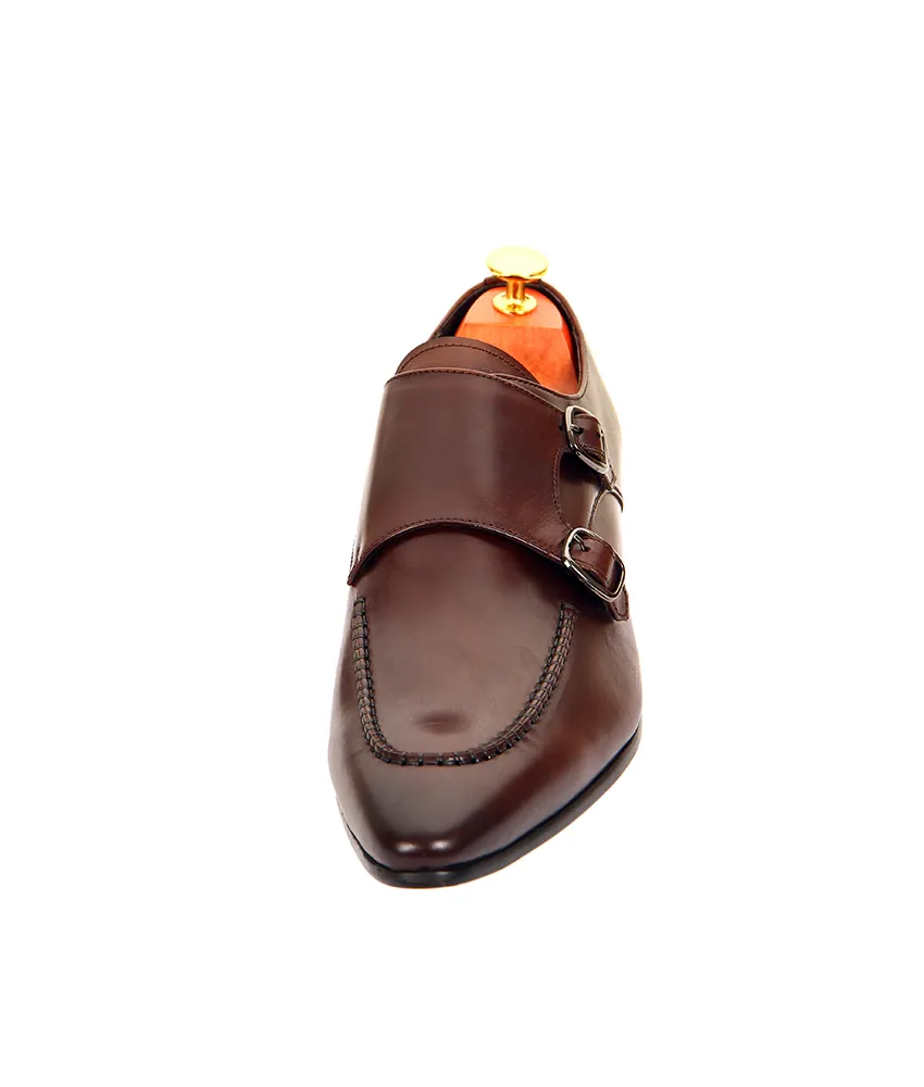 Brown Monk Buckle Slip-On Pointed Leather Shoes