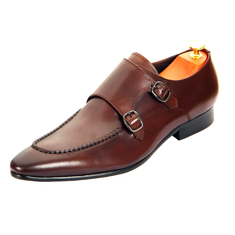 Brown Monk Buckle Slip-On Pointed Leather Shoes