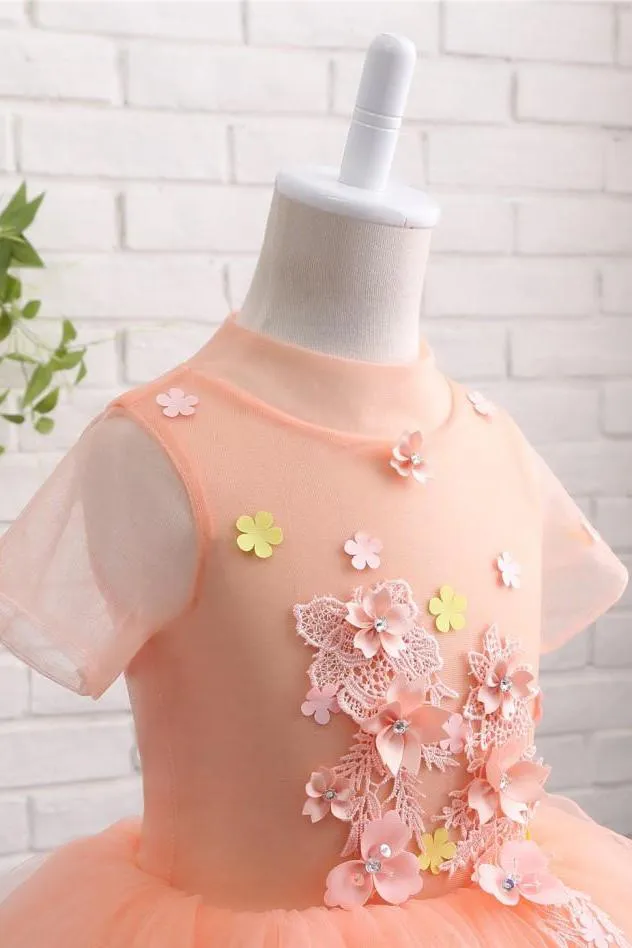 Cute Peach Short Flower Girl Dress For Weddings High Neck Short Sleeves Dress F062