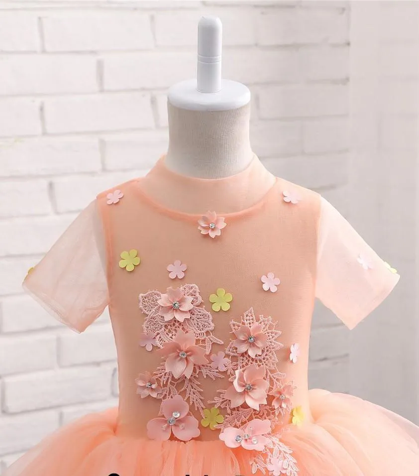 Cute Peach Short Flower Girl Dress For Weddings High Neck Short Sleeves Dress F062