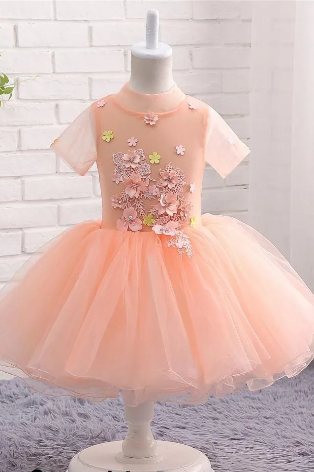 Cute Peach Short Flower Girl Dress For Weddings High Neck Short Sleeves Dress F062