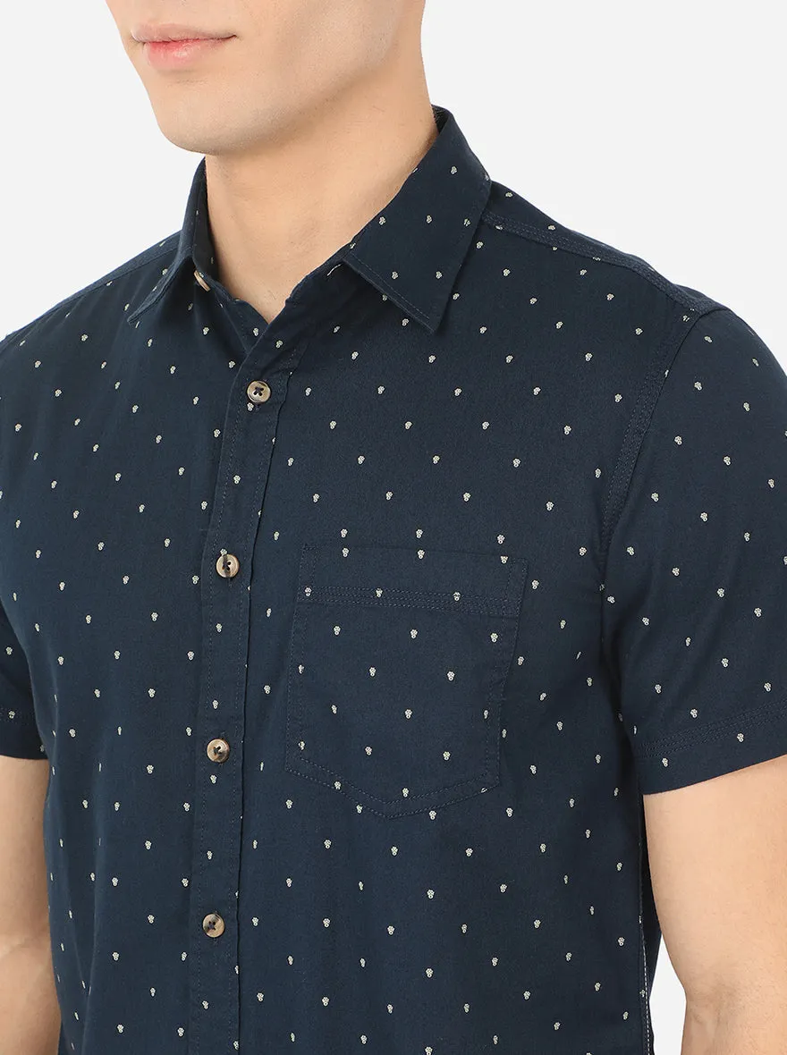 Dress Blue Printed Slim Fit Semi Casual Shirt | Greenfibre