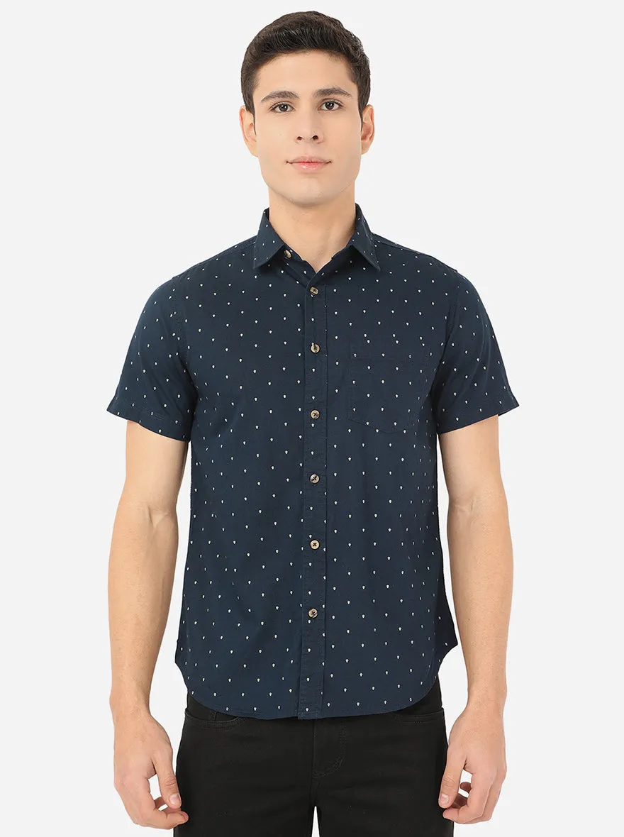 Dress Blue Printed Slim Fit Semi Casual Shirt | Greenfibre