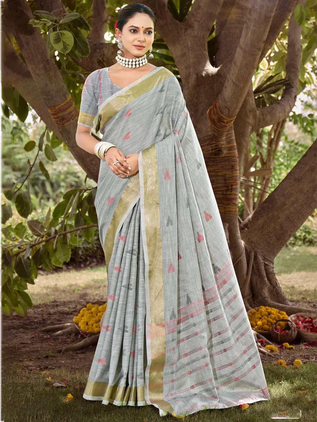 Grey Cotton Woven Work Party Wear Saree - Sangam Prints