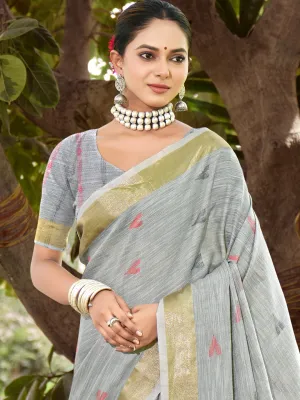 Grey Cotton Woven Work Party Wear Saree - Sangam Prints