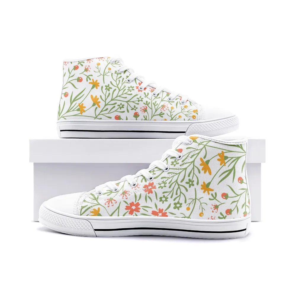 Lace Up Floral Sneakers, Unisex High Top Canvas Shoes