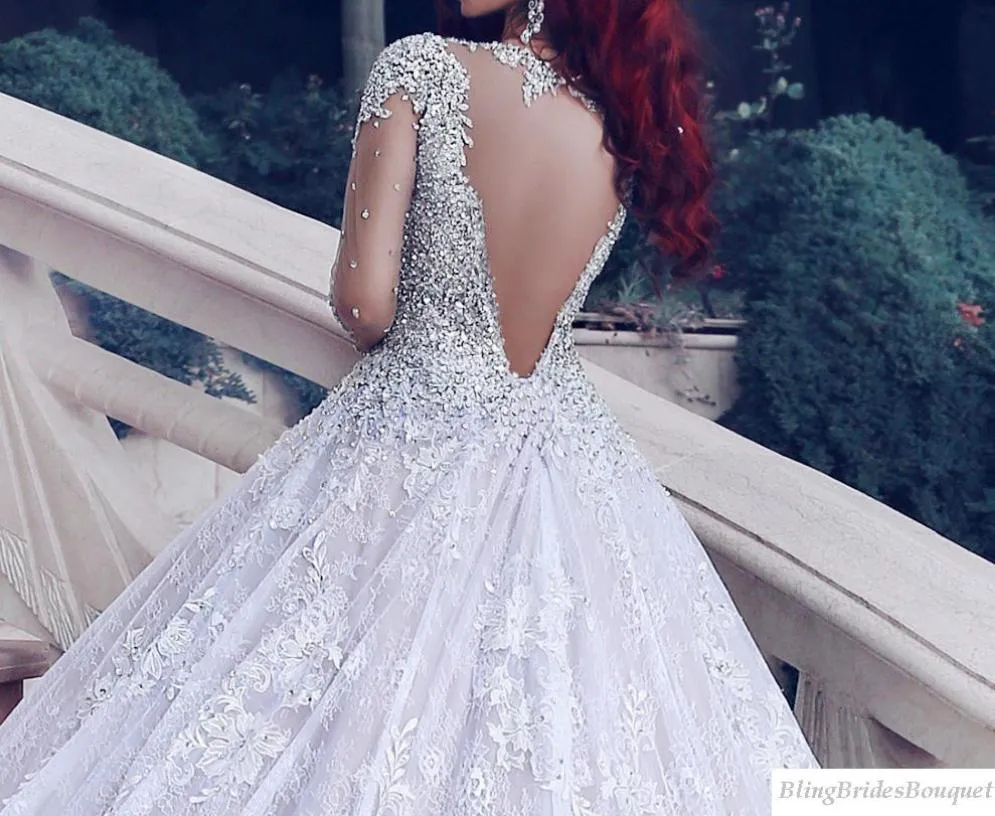 Long Sleeved Lace Wedding Gown with  Luxury beading