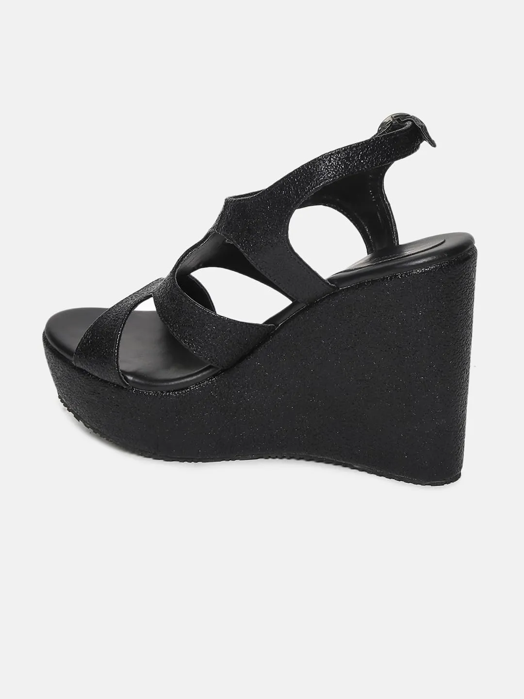 Marc Loire Women Round Toe Embellished Wedge Heel Sandal (Black, 4)