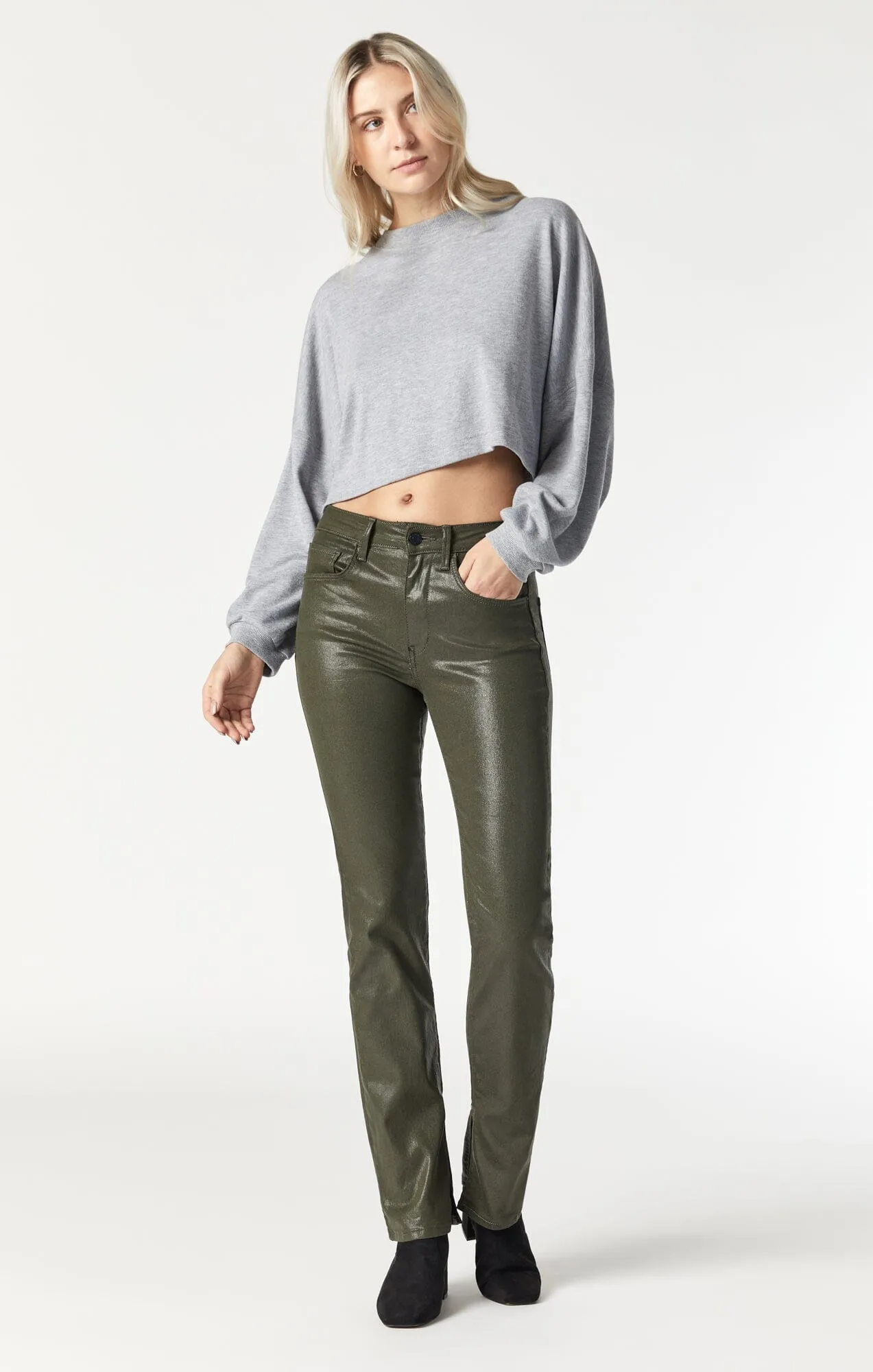 MARIA SLIT HEM FLARE IN KHAKI JEATHER