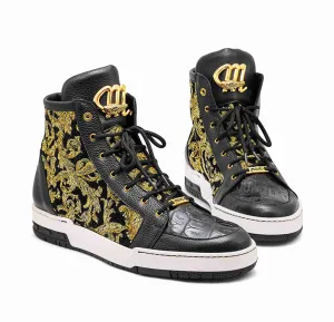 Mauri 8437 Black/Gold Baby Crocodile   Fabric High-Top Sneakers