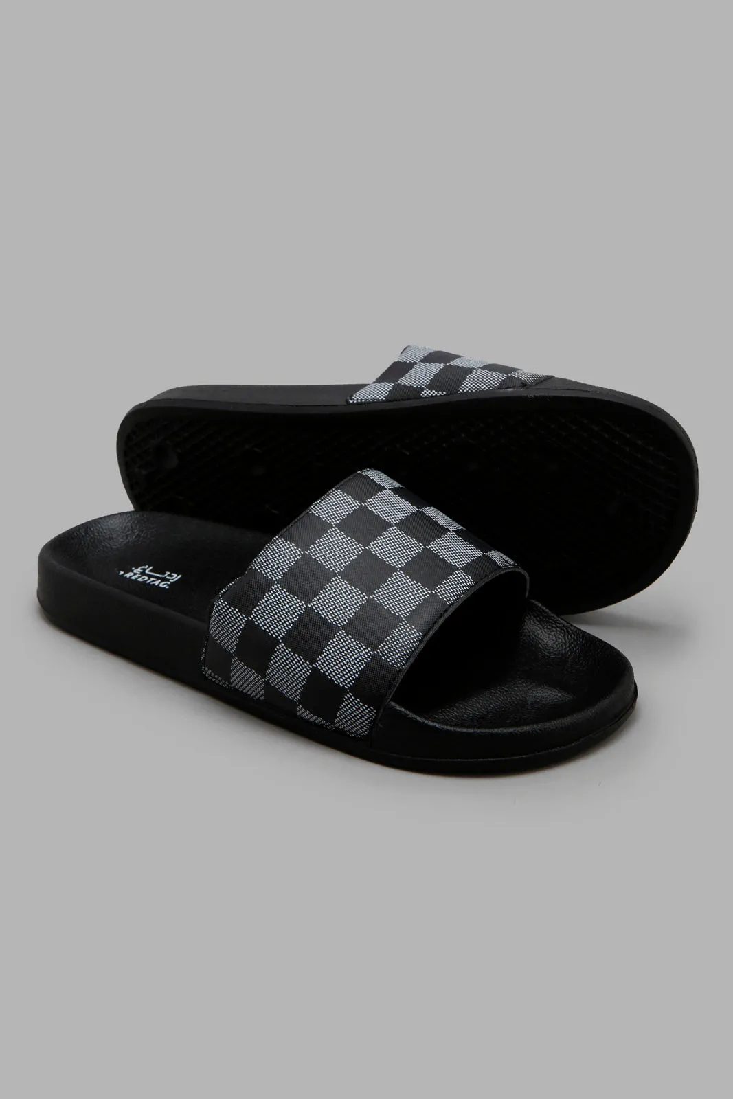 Men Grey And Black Checkered Slide