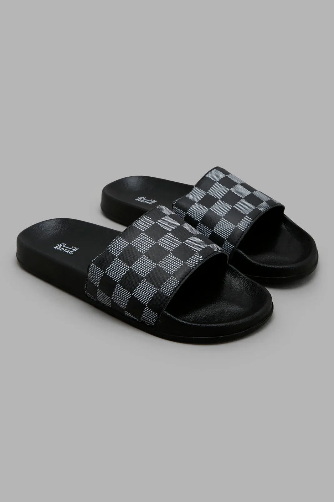 Men Grey And Black Checkered Slide