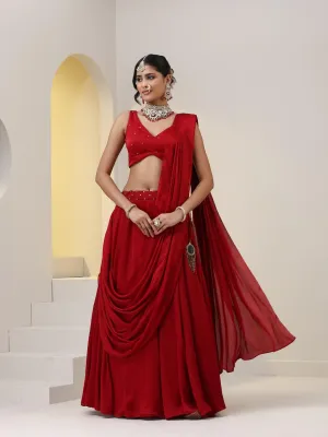 Milano Red Satin Skirt saree with Pallu with Beads on Waist-Band and Blouse Fabric