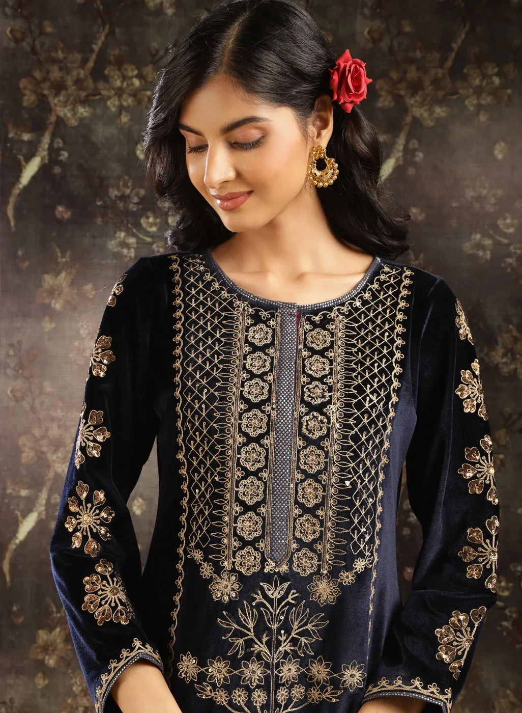 Navy Blue Heavily Embroidered Party-wear Velvet Kurta