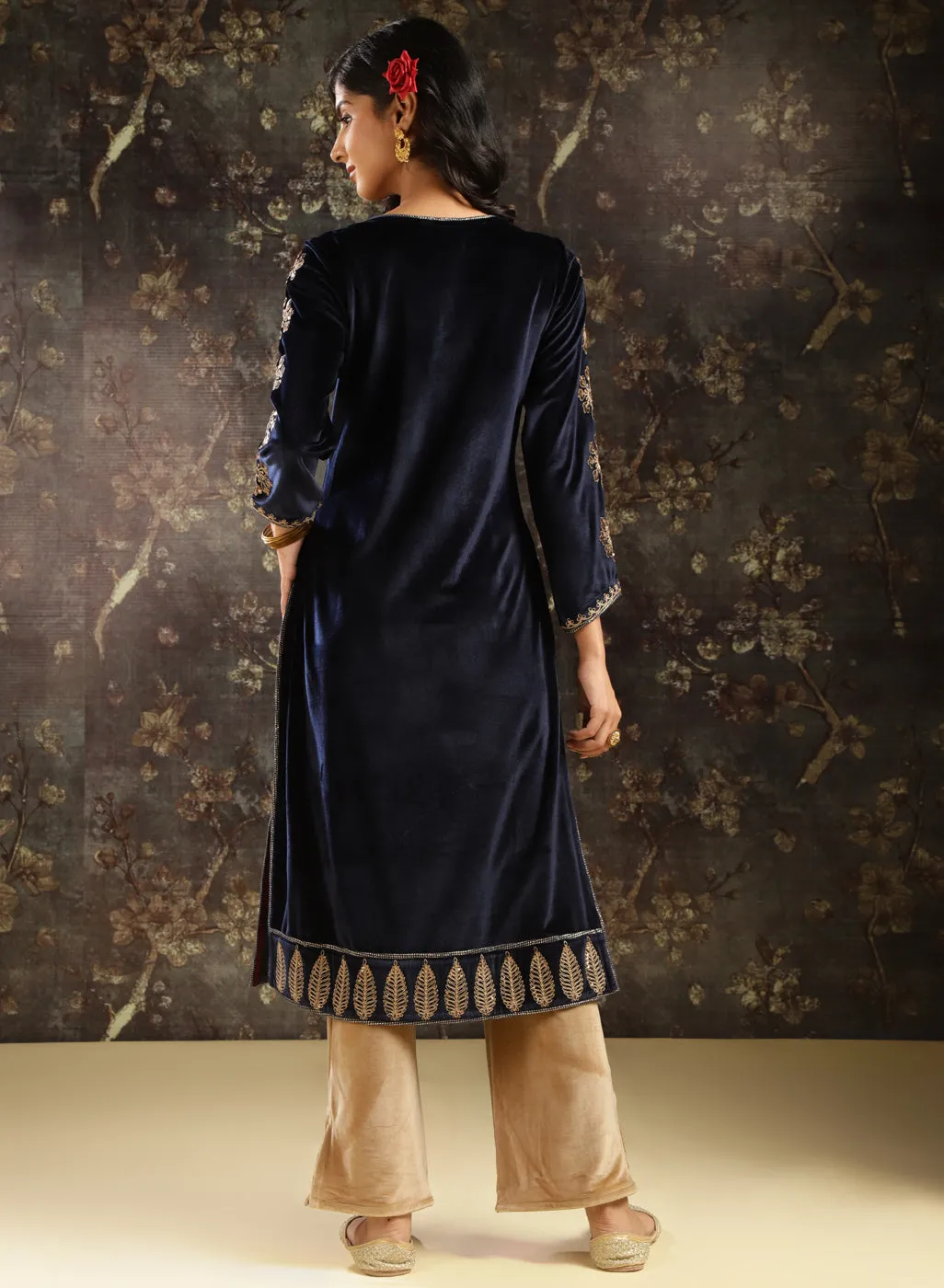 Navy Blue Heavily Embroidered Party-wear Velvet Kurta