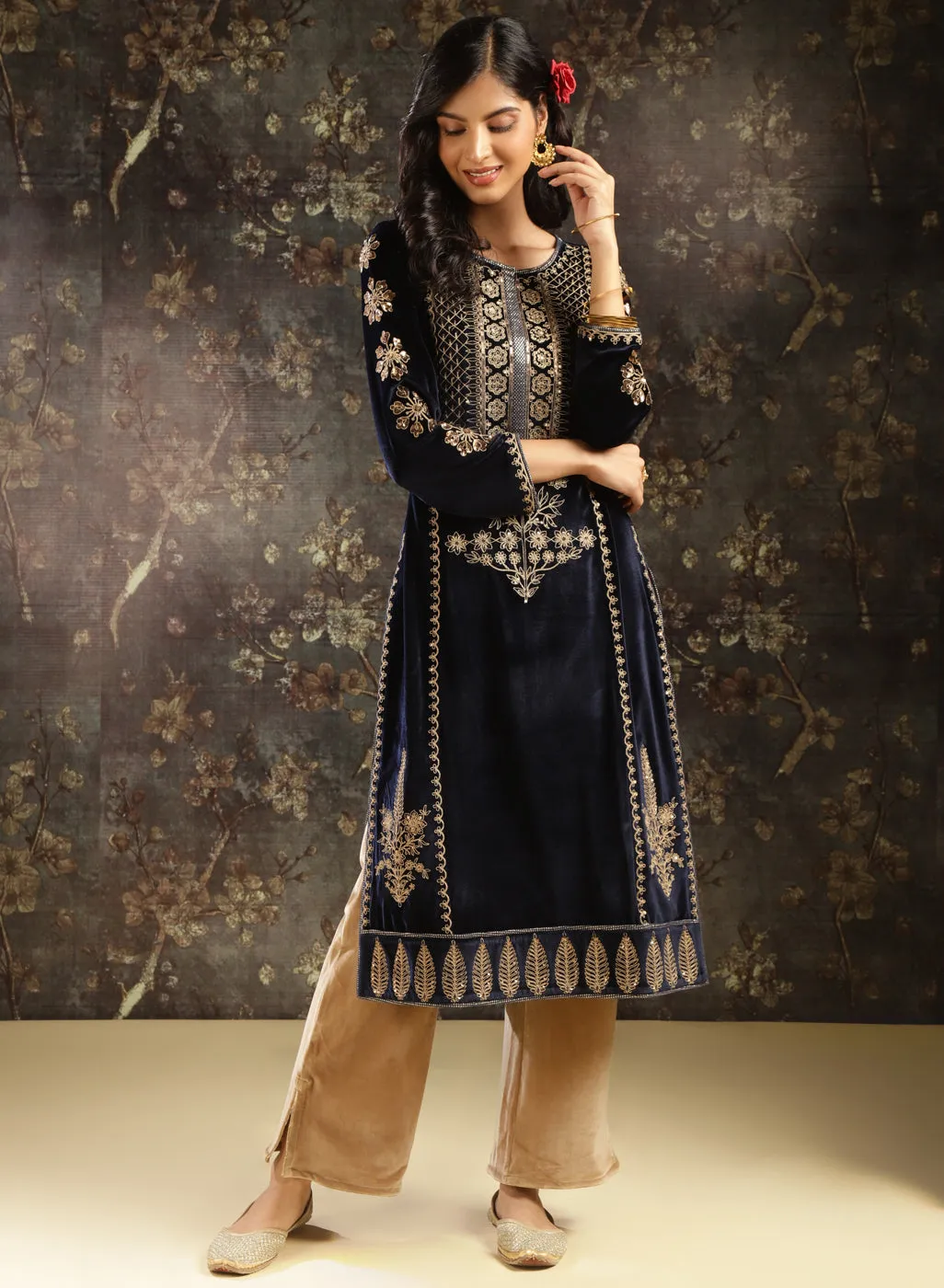 Navy Blue Heavily Embroidered Party-wear Velvet Kurta