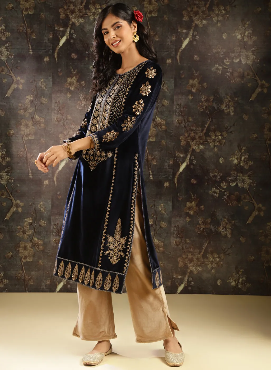 Navy Blue Heavily Embroidered Party-wear Velvet Kurta