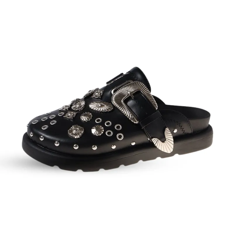 OCW Women Sandals Platform Rivets Punk Rock Leather Mules Metal Fittings Slipper