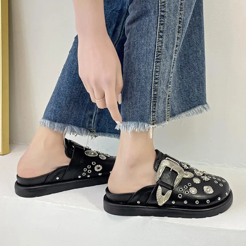 OCW Women Sandals Platform Rivets Punk Rock Leather Mules Metal Fittings Slipper