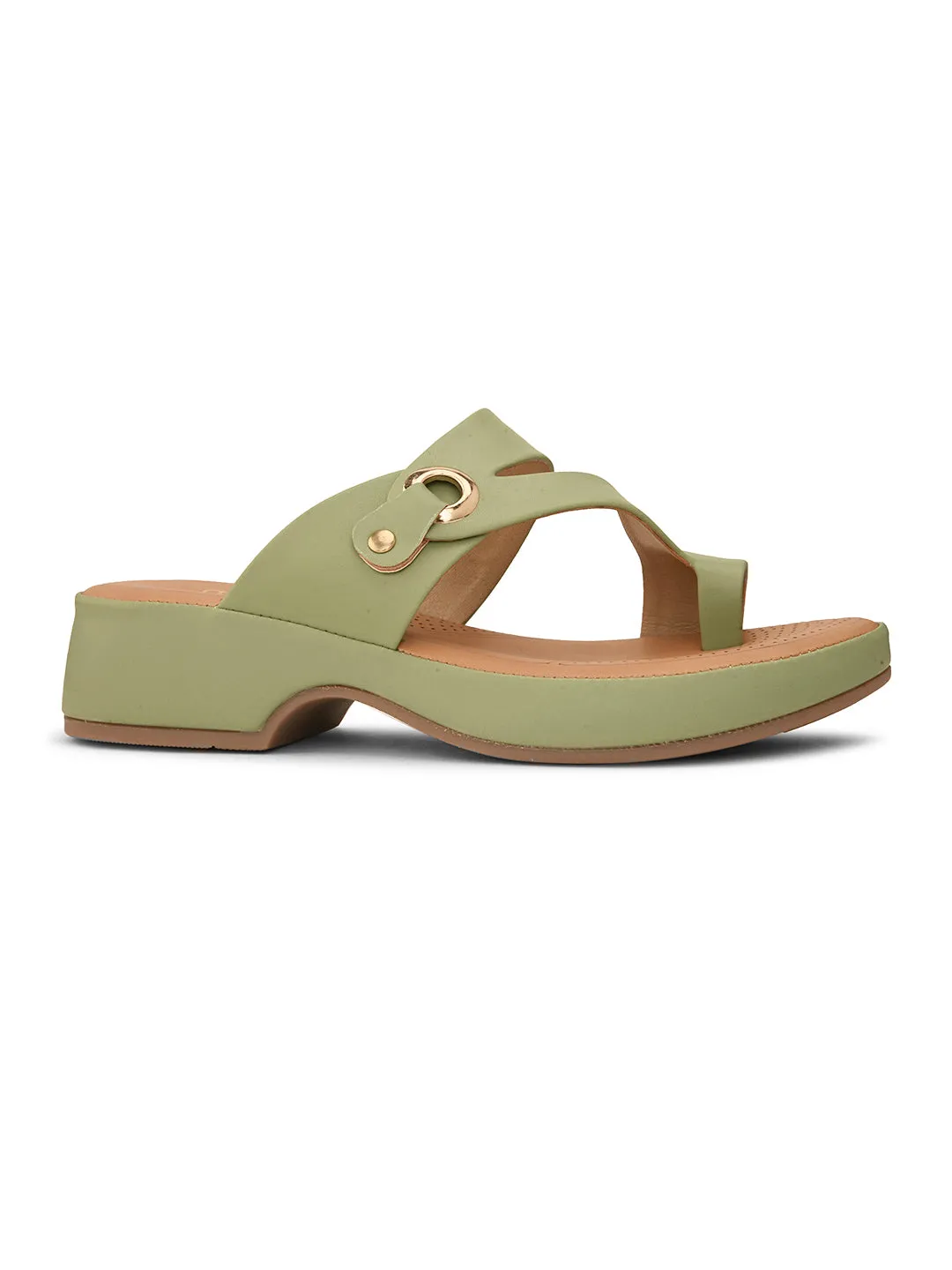 Pelle Albero Green Faux Leather Slip on Extra Padding Comfortable Sandal For Women