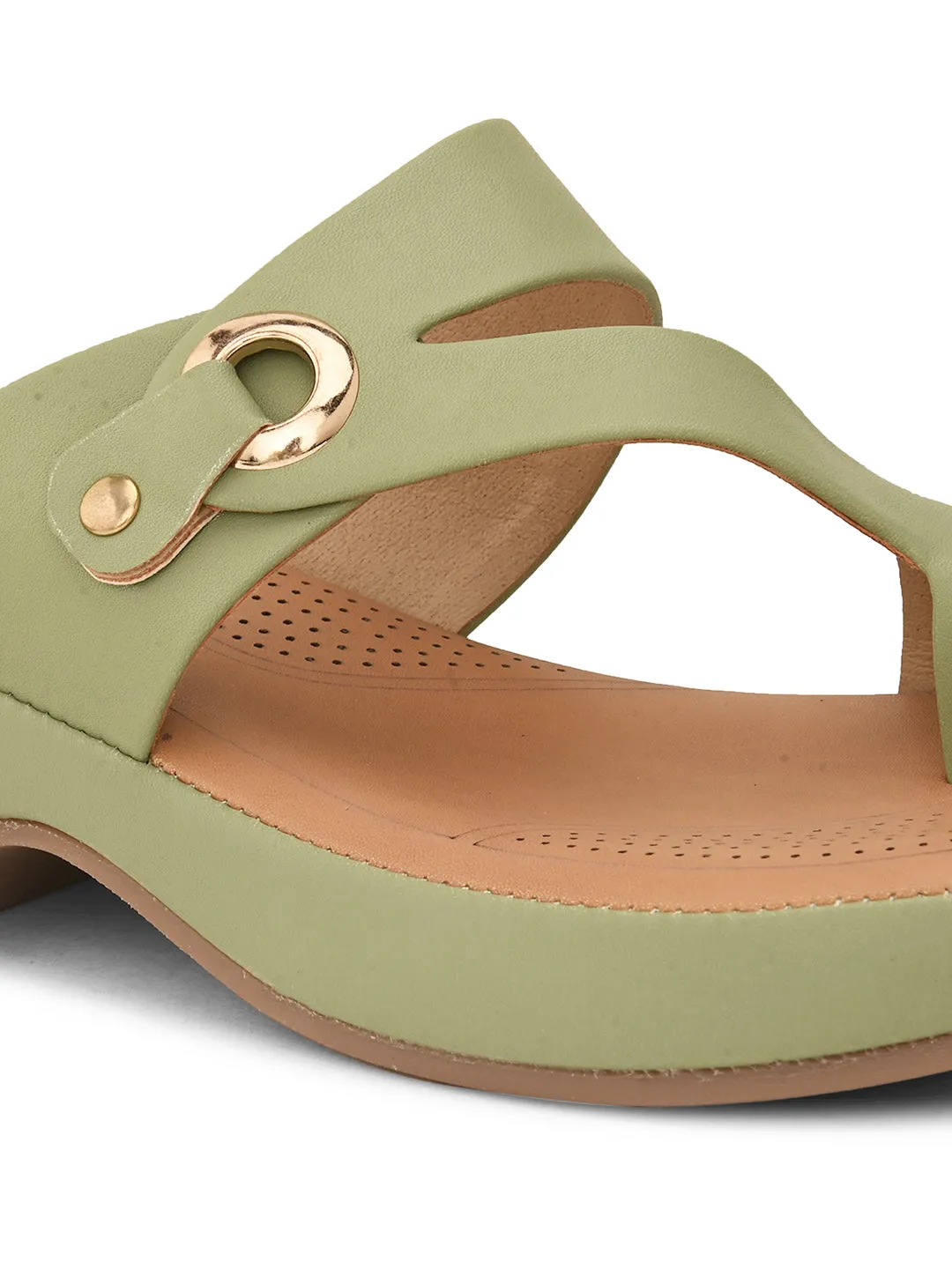 Pelle Albero Green Faux Leather Slip on Extra Padding Comfortable Sandal For Women