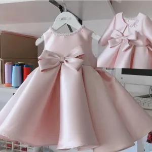 Pink Satin Flower Dresses For Wedding Appliqued Ball Gown Toddler Gowns Tulle Pearls Big Bow Bridesmaid Girl Pageant First Communion Dress 403