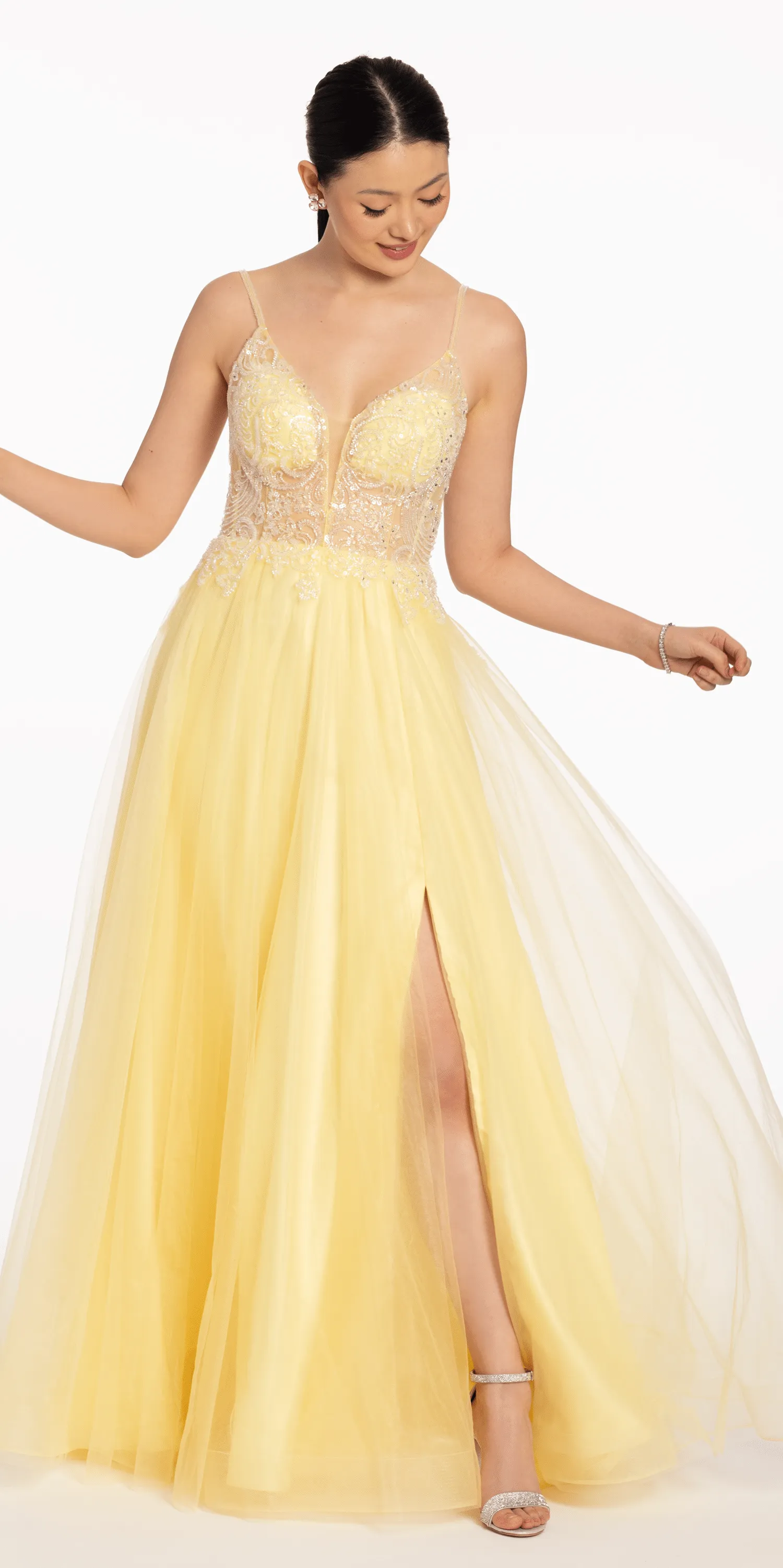 Plunging Crystal Bodice Tulle A Line Dress