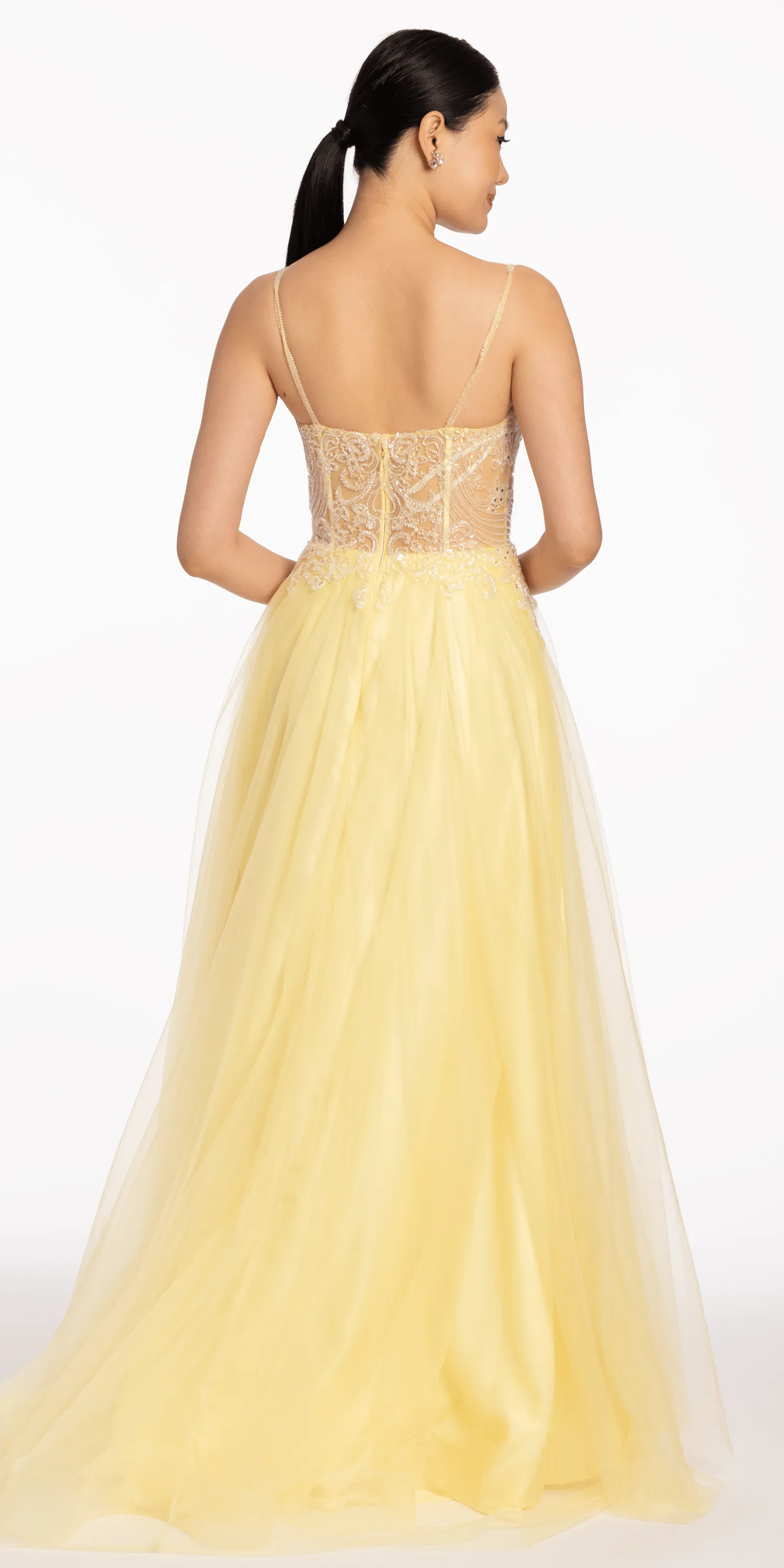 Plunging Crystal Bodice Tulle A Line Dress