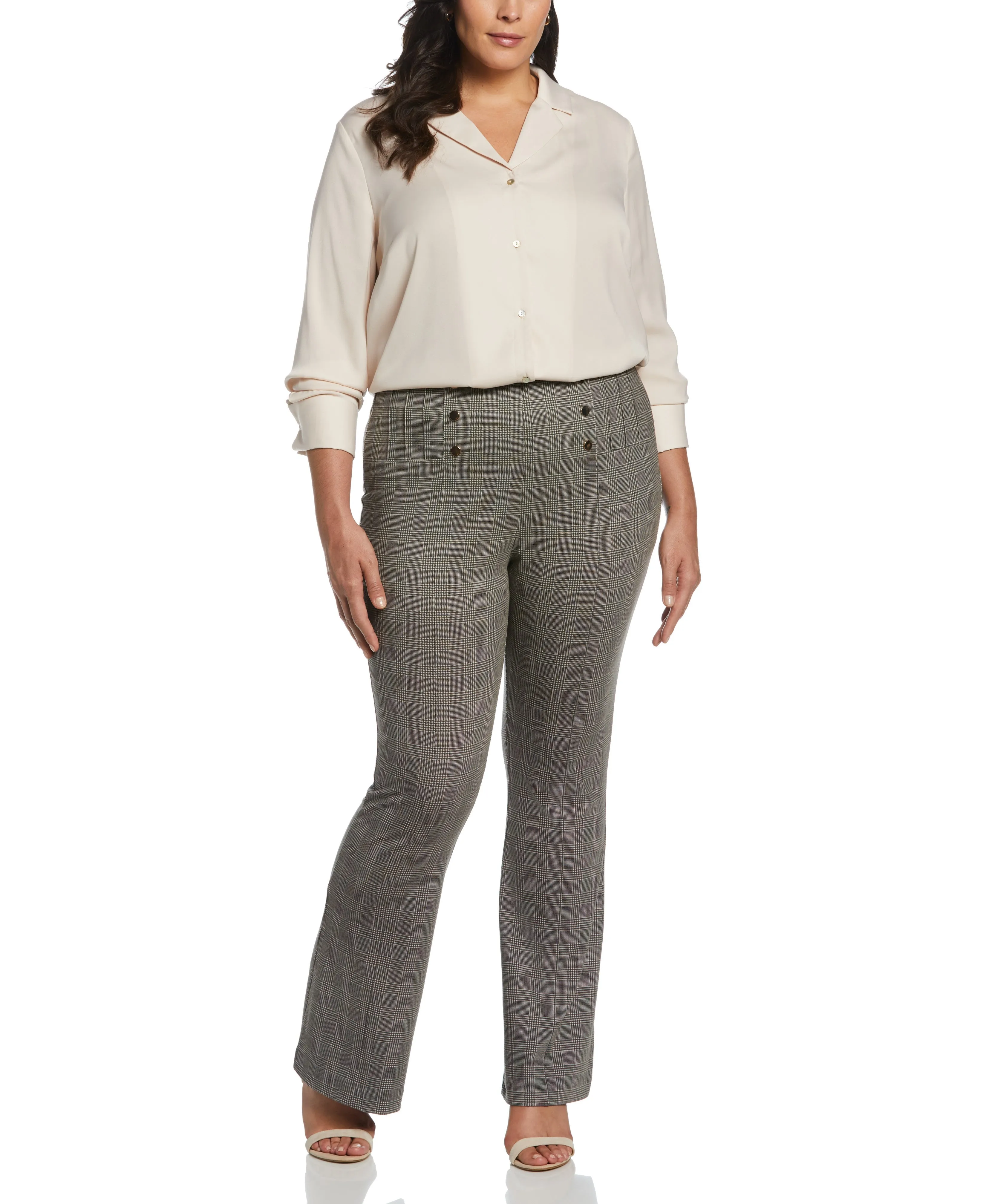 Plus Size Button Detail Plaid Bootcut Pant