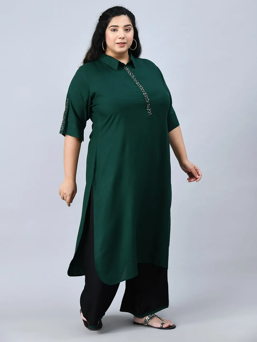 Plus Size Pretty Pathani Bottle Green Kurta Palazzo Set