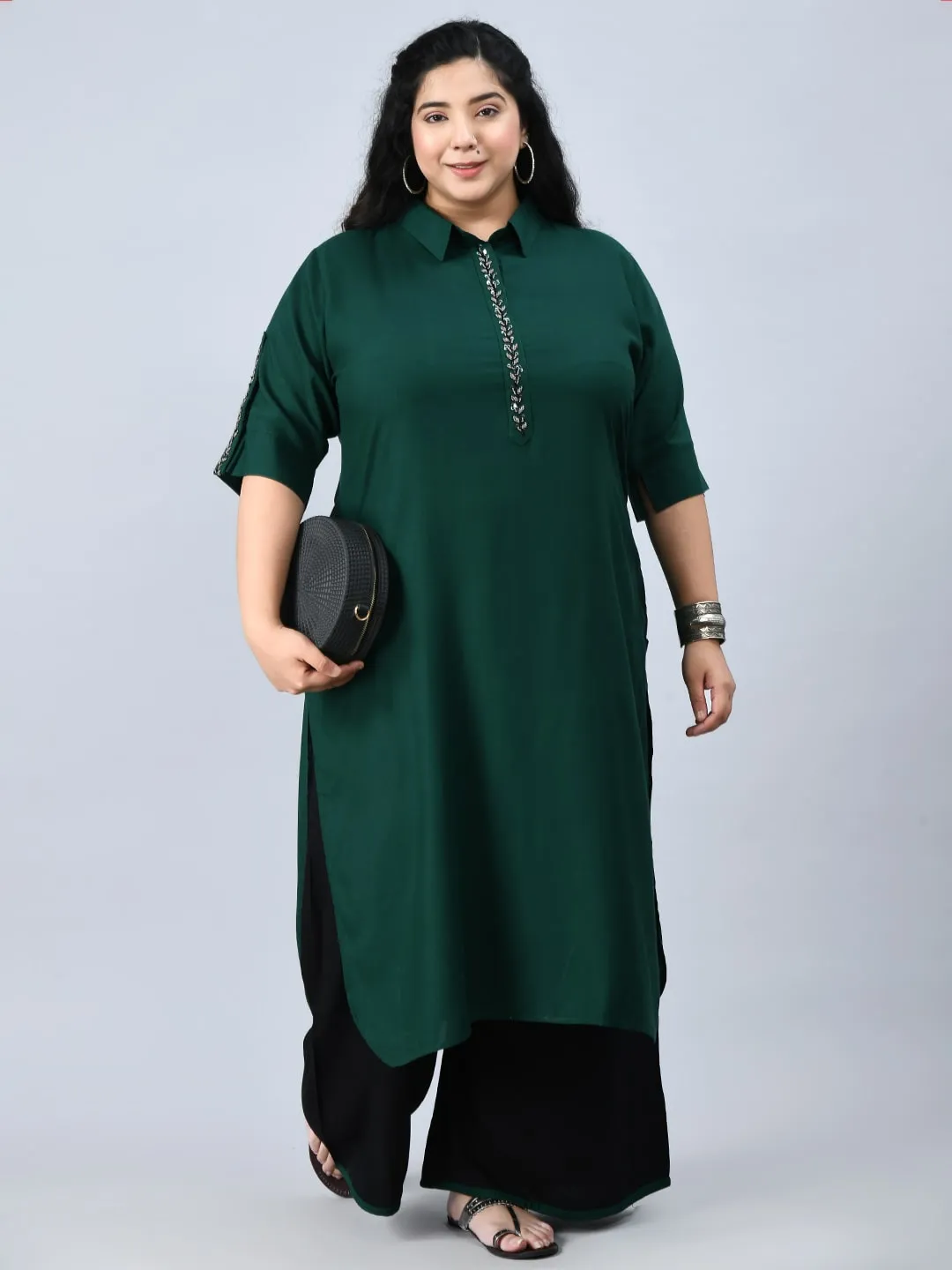 Plus Size Pretty Pathani Bottle Green Kurta Palazzo Set