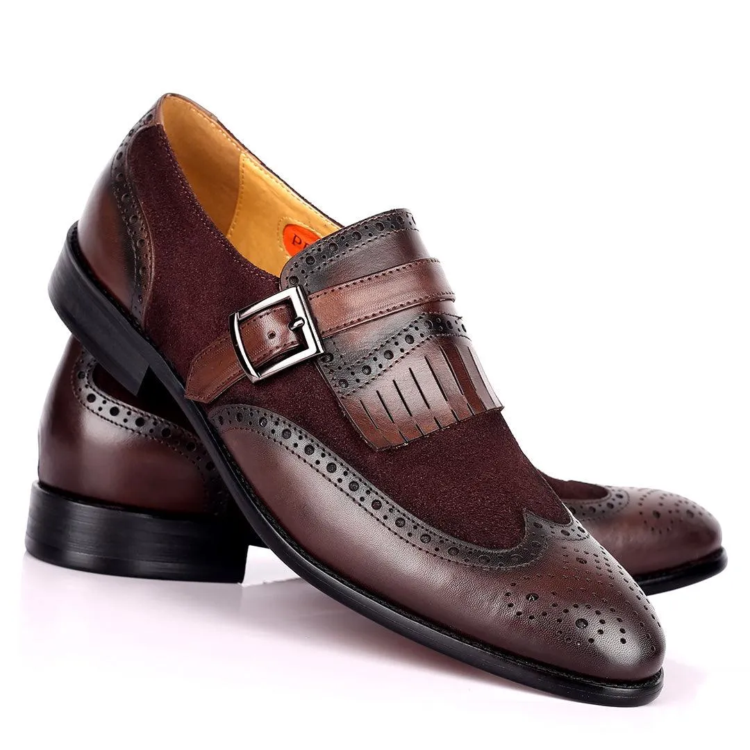 Prad Elegant Fringe Brogue And Suede Designed Leather Shoe - Coffee