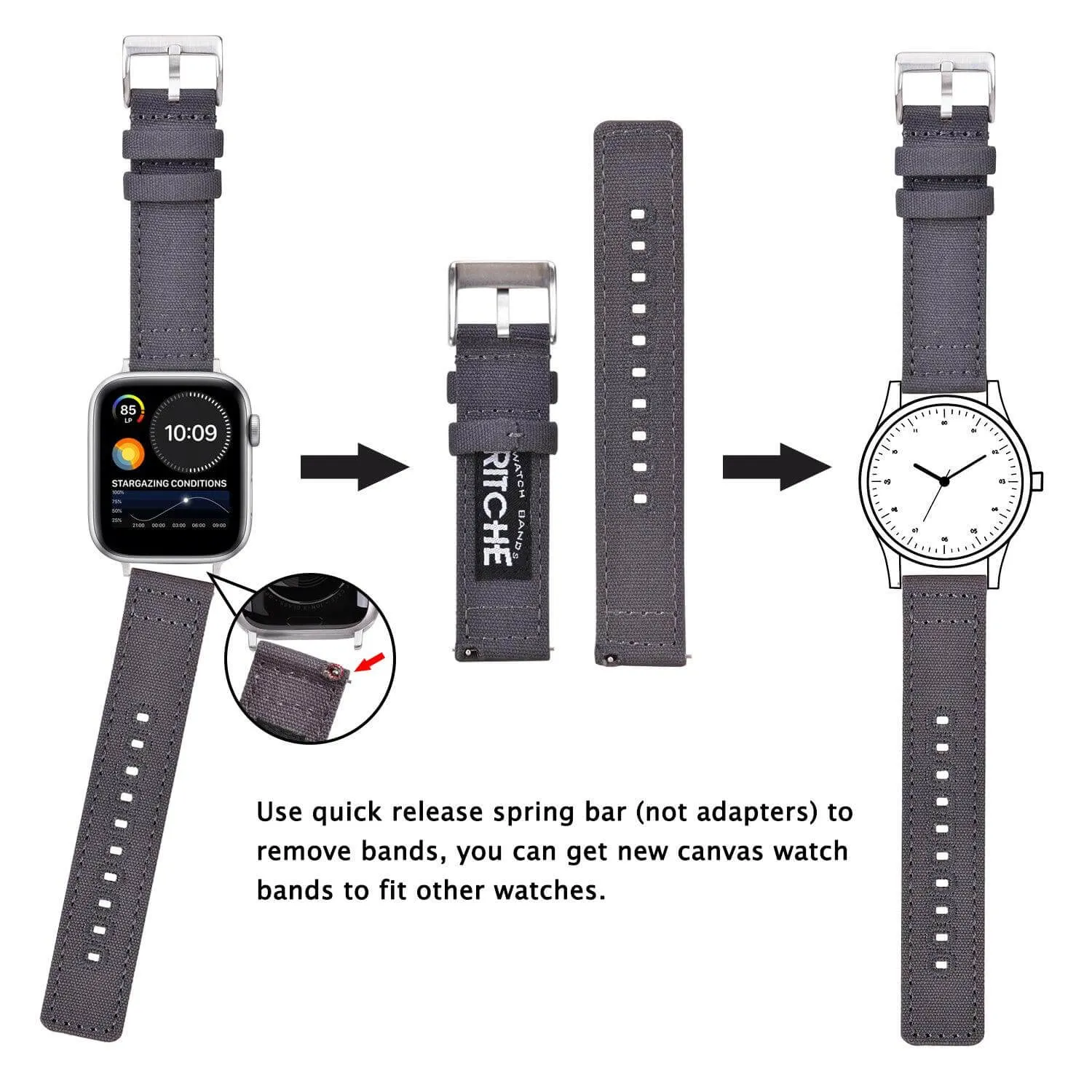 Ritche Smoke Grey Canvas Watch Band For Apple Watch Series 7/6/5/4/3/2/1/SE