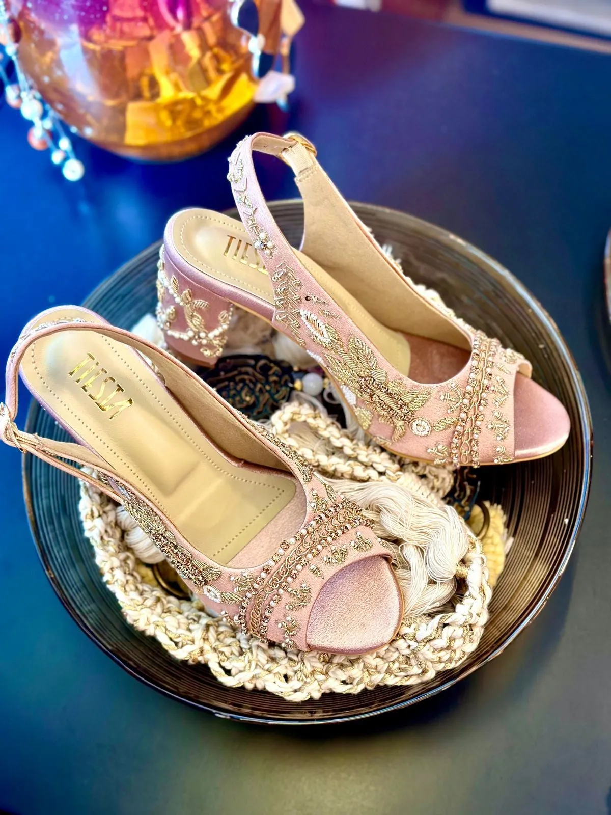 Sabya Light Pink Hand Embroidered Slingback bridal block heels