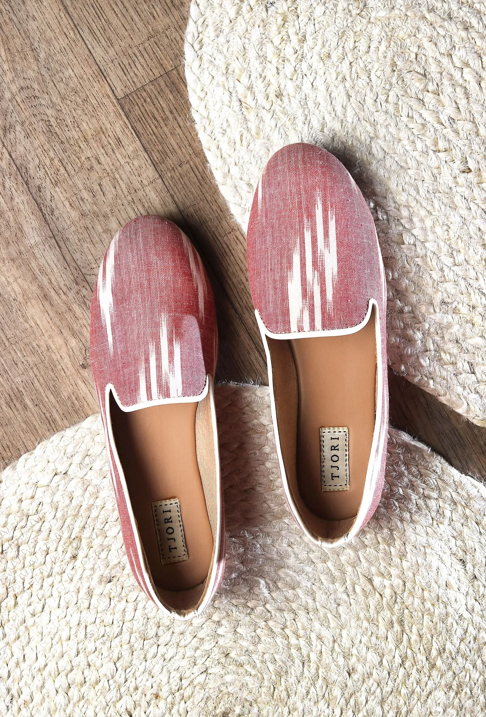 Salmon Pink & Tawny Brown Ikat Flat Cruelty Free Leather Ballerina