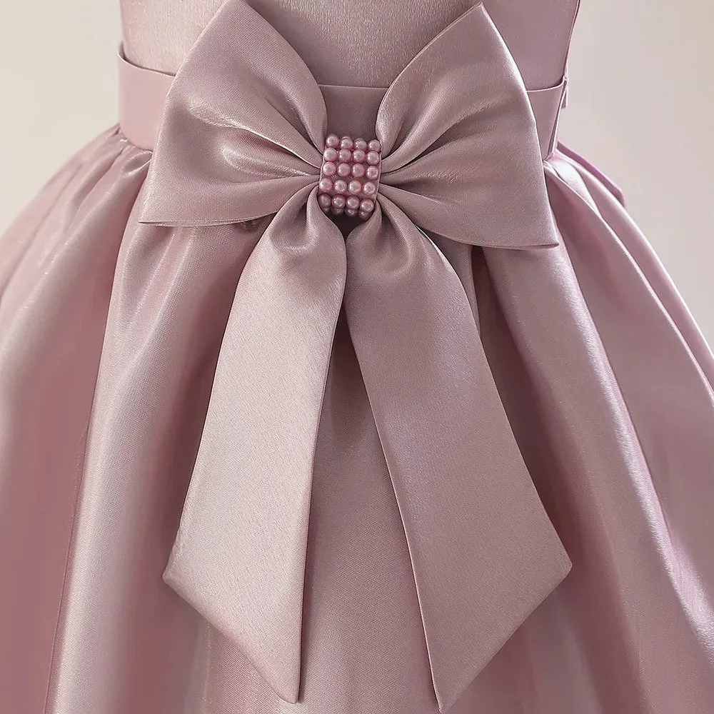 Satin Pearls Flower Girl Elegant Beaded Applique Sleeveless Fluffy Princess Gown First Communion Pageant Kids Evening Birthday Prom Dresses With Bow 403